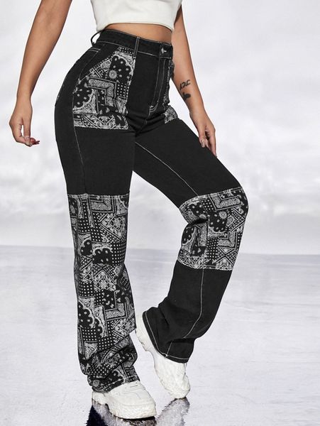 

high waist paisley print wide leg jeans y0w9#, Blue