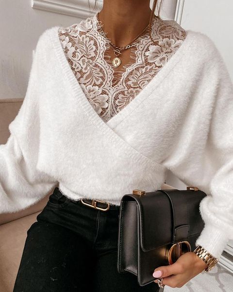 

women's blouses & shirts fashion female solid white long sleeve shirt v neck lace stiching elegant autumn xl sweater blouse large size