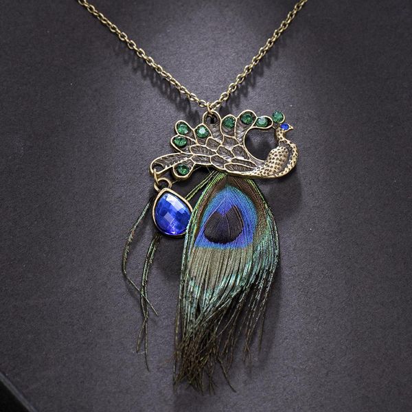 

высокое качество женщины девушка винтаж павлин перо кулон металлический свитер длительное цепочка ожерелье партия ювелирные изделия ожерелья, Silver