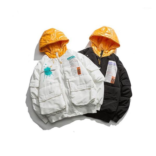 

2020 winter new korean version of the couple fashion thickening national tide splash paint printing color hooded cotton coat1, Black