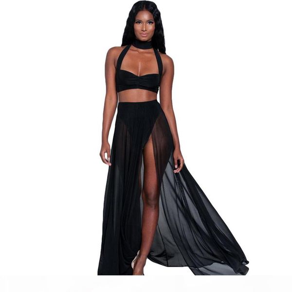 

women hollow out long maxi dress two piece set summer crop and skirts 2 piece suit 2017 chiffon dress set, Black;gray
