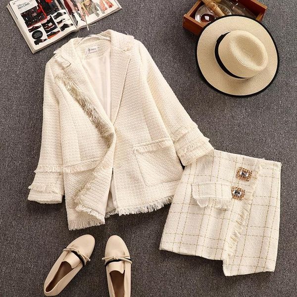 

winter autumn fashion women's beading tassel tweed jacket coat and diamonds skirt suits woolen outwaer 2 piece sets, Gray