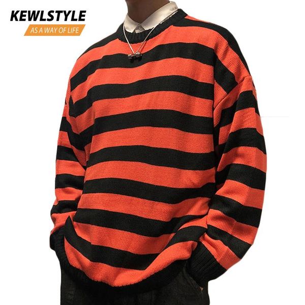 

black red striped knit sweaters autumn winter crewneck fashion long paragraph oversized jumpers men women pullover clothing my12, White;black