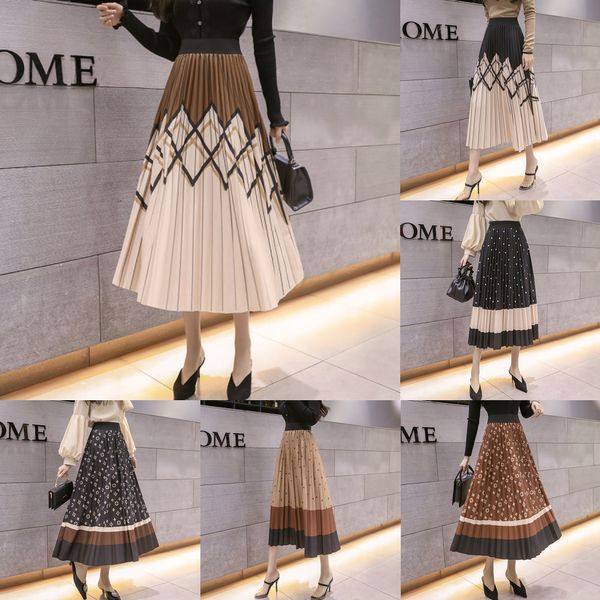 

2020 spring summer new fashion printed pleated skirt female tide long section elastic waist skirt big swing mid-length skirts q1209, Black