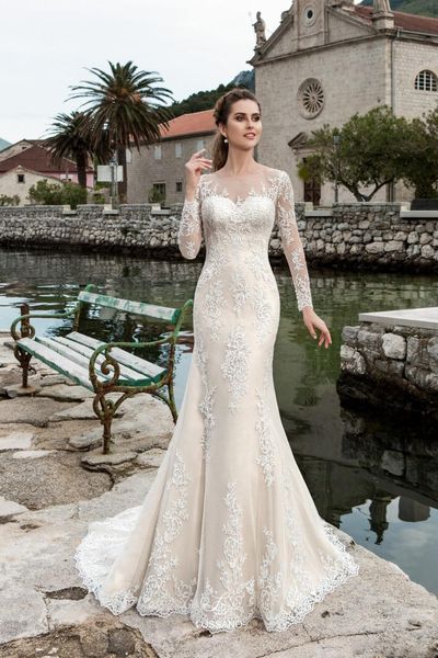 

new lace long sleeves modest wedding dress boat neck button back court train trumpet bridal gowns vestido de novia, White