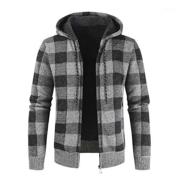 

men plaid hooded cardigan winter cotton blend plus velvet thickening men's sets slim oversize knitted cardigan casual streetwear1, White;black