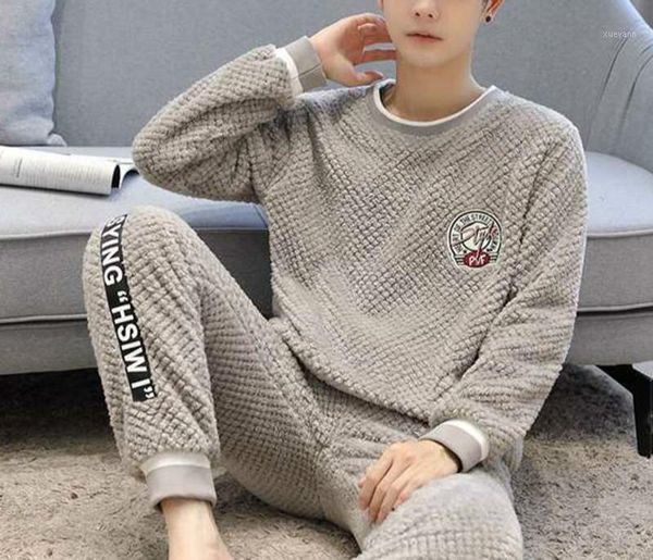

pajamas men winter flannel padded velvet autumn and winter warm long sleeve men coral velvet large size home suit set1, Black;brown
