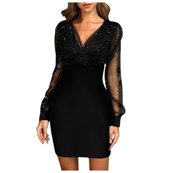 

женщины mesh блестки вечернее платье sexy v шеи длинным рукавом щитовые bodycon платья famale пакет hip одежда, Black;gray
