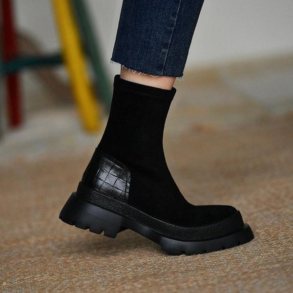 

women slip on suede sewing ankle boots ladies cone heels platform shoes female fashion casual boots woman winter footwear new, Black