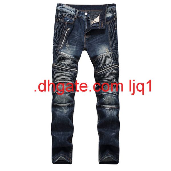 

new men's jeans slim straight zipper locomotive fold beggars men's trousers, Blue