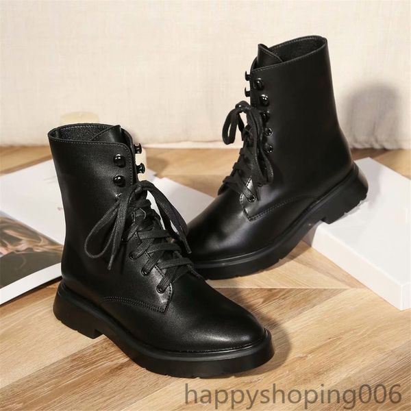 

2020 new shoe round head winter boots for women-women's mid-heel rubber calf with round head fashionable lace-up martin boots size34-39, Black