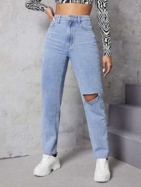 

high waist ripped frayed cat scratch studded detail jeans n7er#, Blue