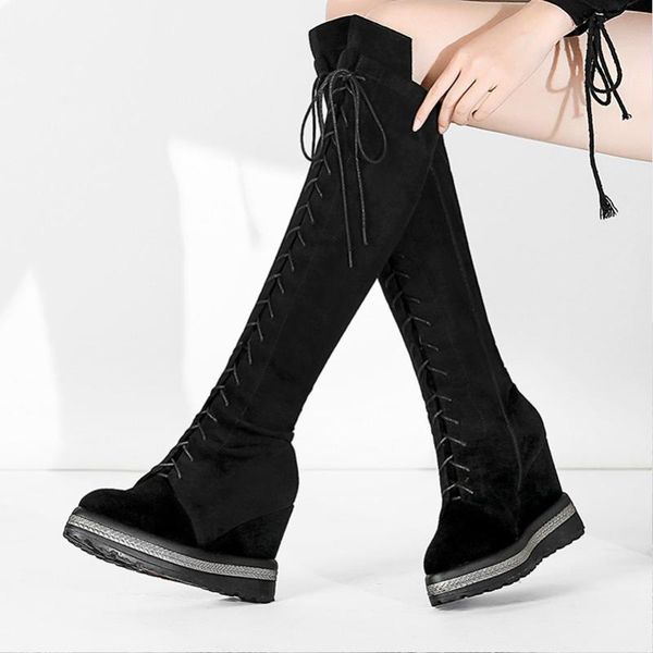 

boots fall real leather knee high women cow suede platform wedge heels tall zip super heel shoes lady winter, Black