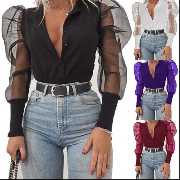 

plus size s 2xl women tulle ruffle long sleeve blouse shirt ladies spring summer female casual oversized blouse, White