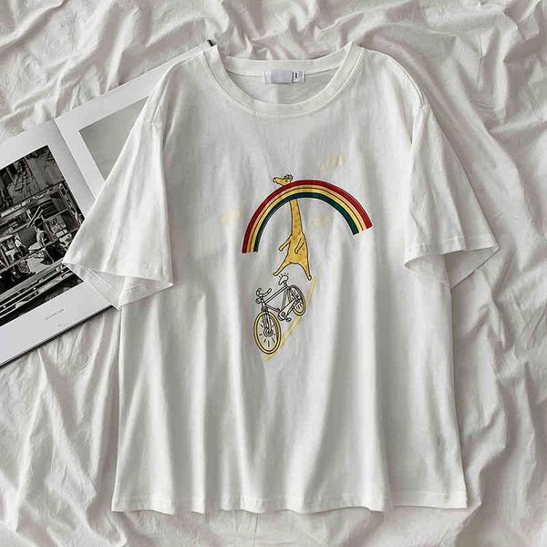 

summer t-shirt women o-neck cartoon printing short sleeves ladies kawaii clothes casual fashion, White