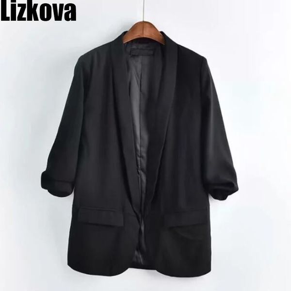 Lizkova Blazer sottile nero Giacca da donna con maniche a tre quarti Abito piccolo da ufficio Lady Blazer ampio 201023