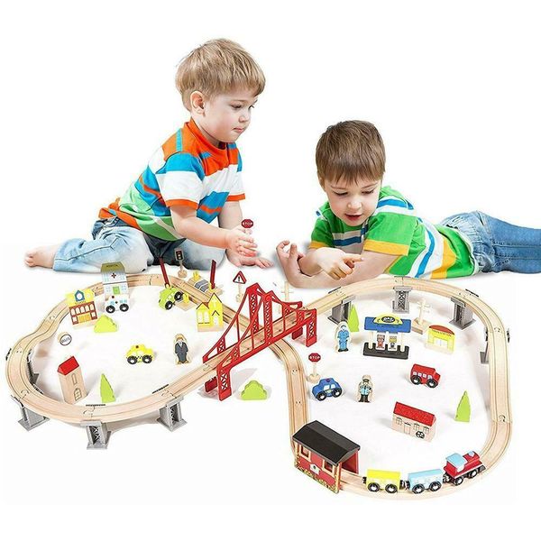 

70 pieces hand crafted wooden train set crossing railway track kids toy play set