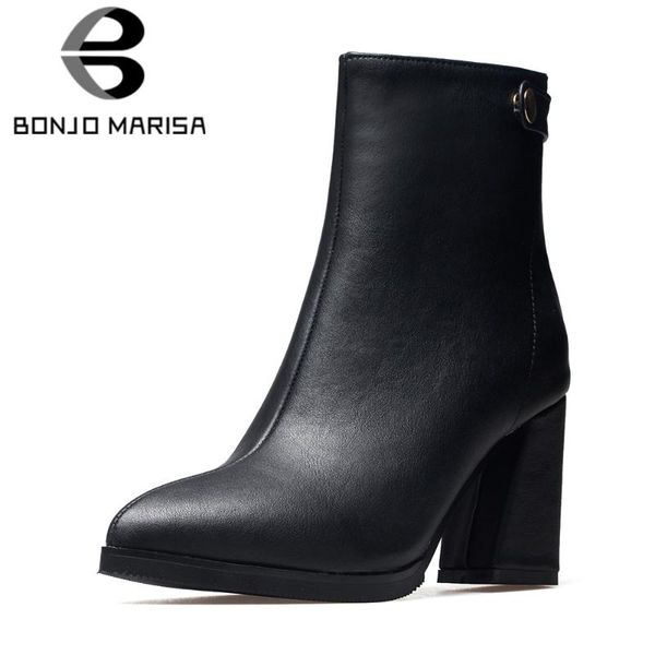 

boots bonjomarisa female designer fashion round toe mid calf winter zipper heel women 2021 casual shoes woman, Black
