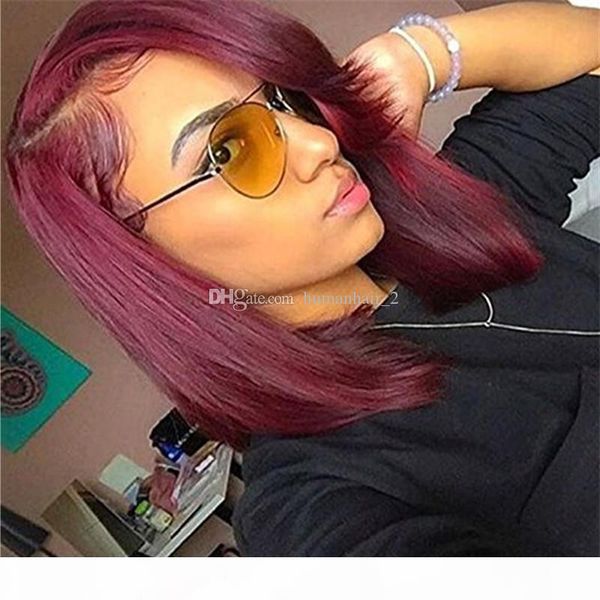 

side part #99j burgundy glueless full lace wig & front lace wig brazilian silk straight human hair wigs wine red for black women, Black;brown