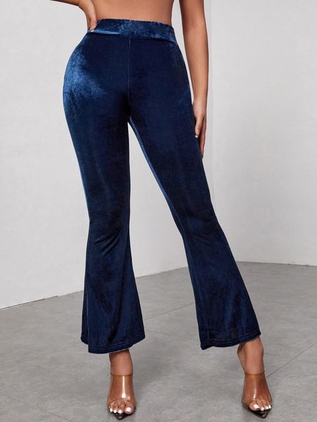 

petite high waist velvet flare leg pants i52c#, Black;white