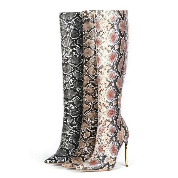 

boots women snake print knee high fashion slip on thin heel long ladies pointed toe autumn winter shoes size34-45, Black