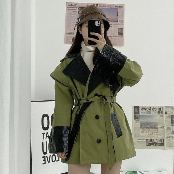 

ewq] 2021 autumn long-sleeved patchwork pu leather turn down collar double breasted loose windbreaker overcoat with belt 8q6231, Tan;black