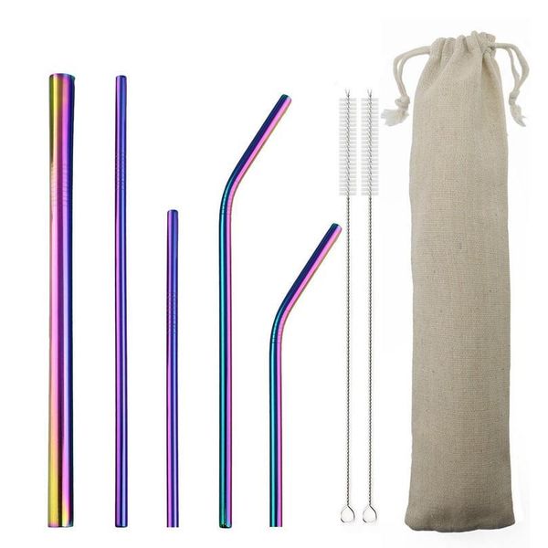 

eco friendly reusable smoothies drinking straws set with brush bag 8-pcs colorful metal straw 304 stainless ste jllnox