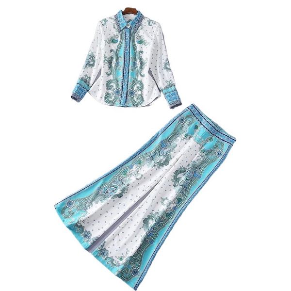 

europe and america spring 2021 printed shirt + flared trousers, White
