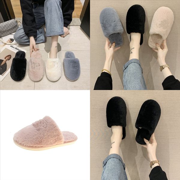 

vbkfw winter fur slippers women plush house home floor slipper cute warm ball slippers plush flip flops christmas cotton indoor claquette, Black