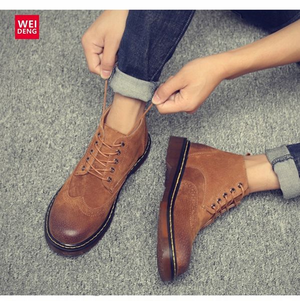 

weideng classic brogue women genuine leather boot casual winter shoes lace up work shoes non-slip hoof heels plus size y200723, Black