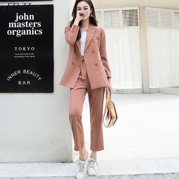 

ftlzz autumn women pant suits double breasted notched collar jacket blazer & sashes pant casual female work suits q1215, White