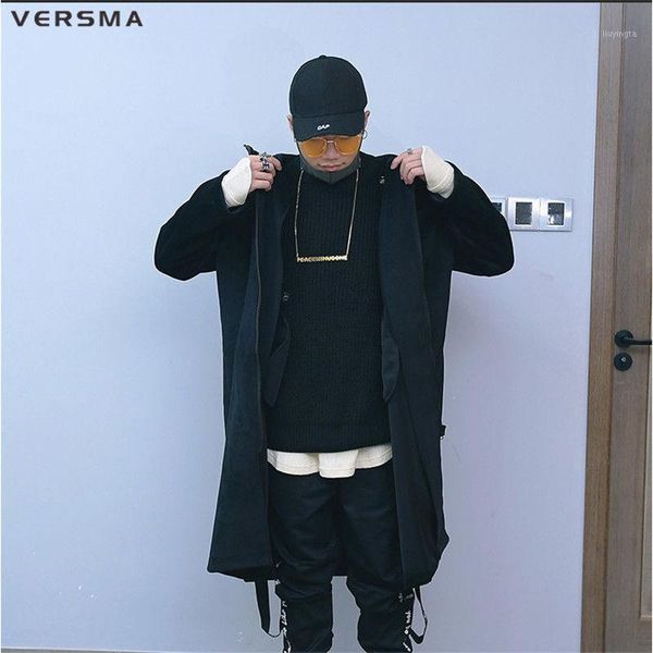 

versma high street hip hop streetwear velvet long jacket coat men winter thick korean oversized hood men trench coat windbreaker1, Black