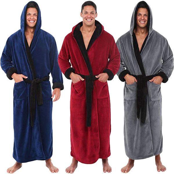 

men flannel hooded thick casual winter autumn long kimono robe warm home sleepwear bath robe pajama nightgown 201109, Black;brown