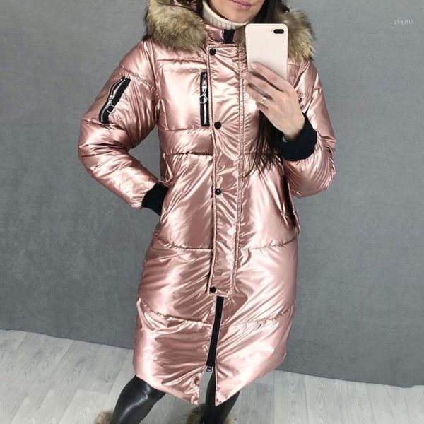 

bright pink down jacket women winter faux fur hooded padded jackets oversize overcoat warmness zipper fashion women's clothes1, Black