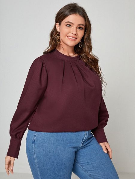 

plus keyhole back fold pleated blouse f9us#, Black