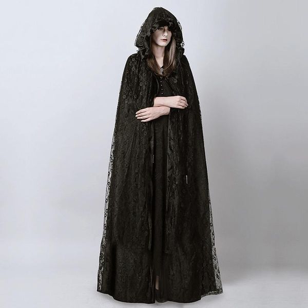 

women's trench coats steampunk gothic black long lace hooded cloak cape for women dark halloween wizard costume full length witch, Tan;black