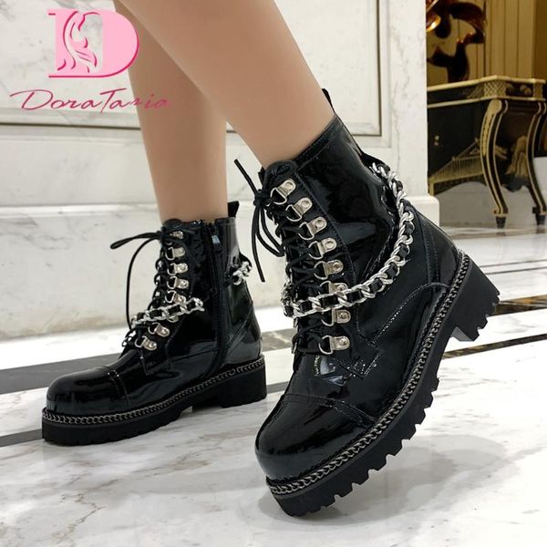 

doratasia 2020 big size 43 fashion brand design patent leather winter women shoes chains motorcycles ankle boots, Black
