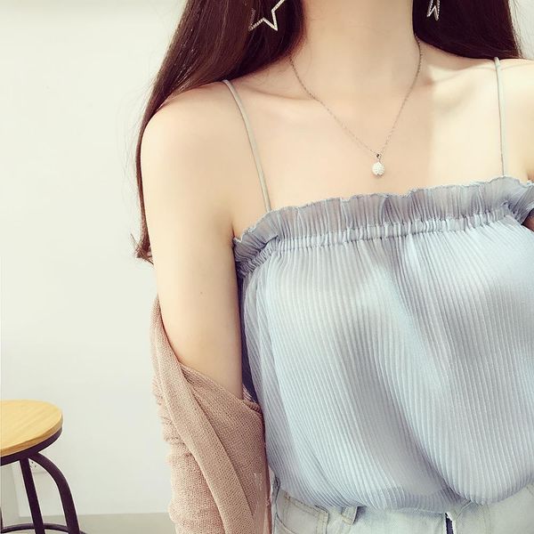 

summer girls ruffled slash neck pleated chiffon solid camis sleeveless shirts women spaghetti straps camisoles tanks, White