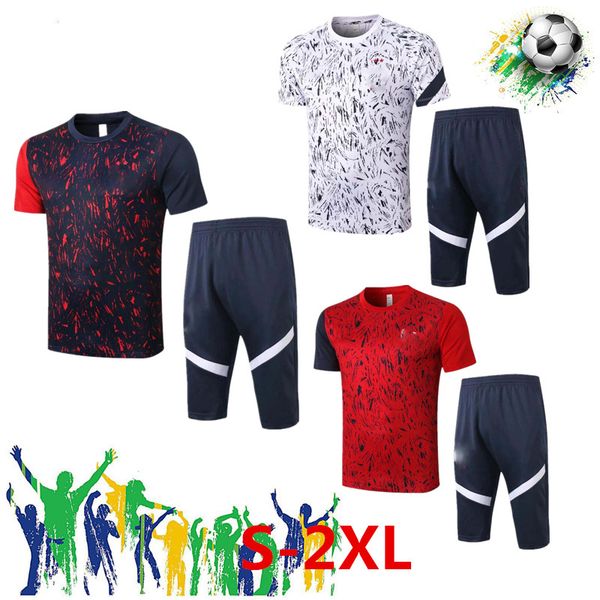 

2021 france soccer survetement 2 stars short sleeves 3/4 pants tracksuit training football shirt kit chandal set, Black;yellow
