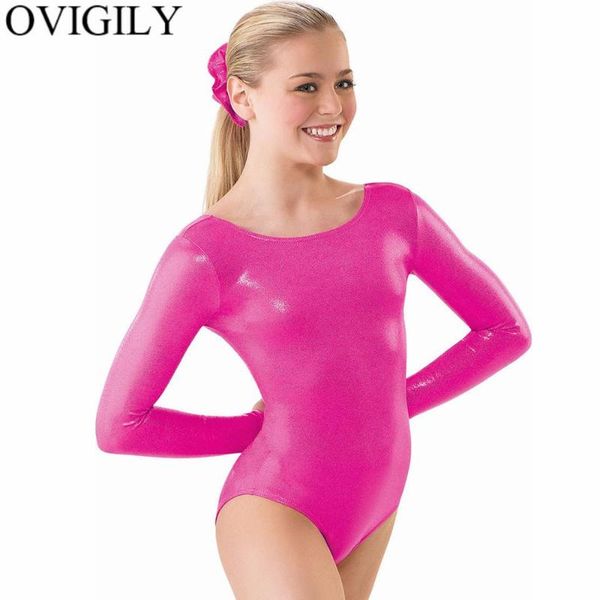 

ovigily silver womens long sleeve metallic leotard gymnastics ballet dance bodysuit lycra spandex leotards for stage performance, Black;red