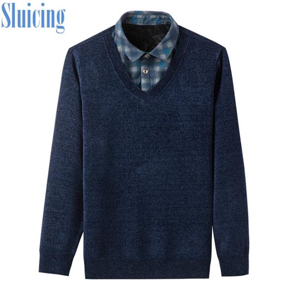 

men's sweaters sweater fake two-piece shirt collar winter plus velvet thickening large size warm pure color knitted bottoming, White;black