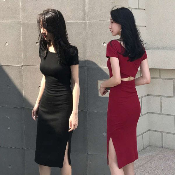 

cross style small new chic open back mid length slim fit dress 657, Black;gray