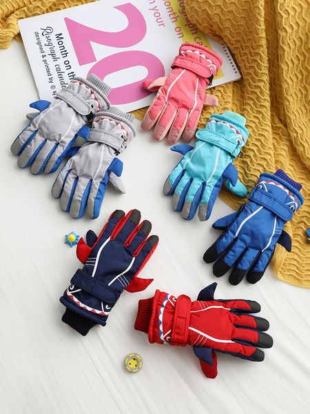 

7-10 years old shark children's ski boys warm plush windproof waterproof five finger gloves for primary school students