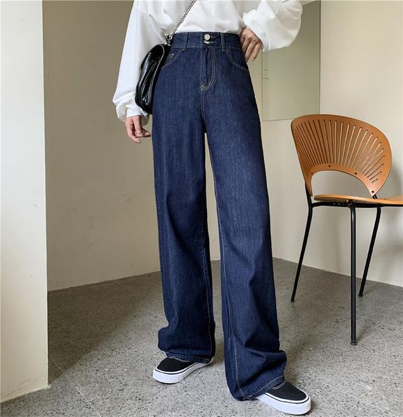 

retro women's jeans wide-leg pants 2021 spring and autumn jeans woman high waist casual button zipper dark blue pants trend