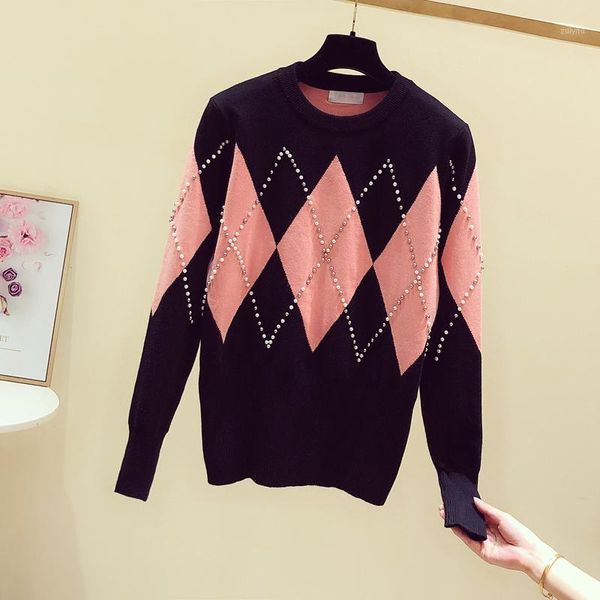 

hamaliel new arrival luxury women knitted long sleeve sweater fall winter beading argyle plaid hit color casual pullovers1, White;black