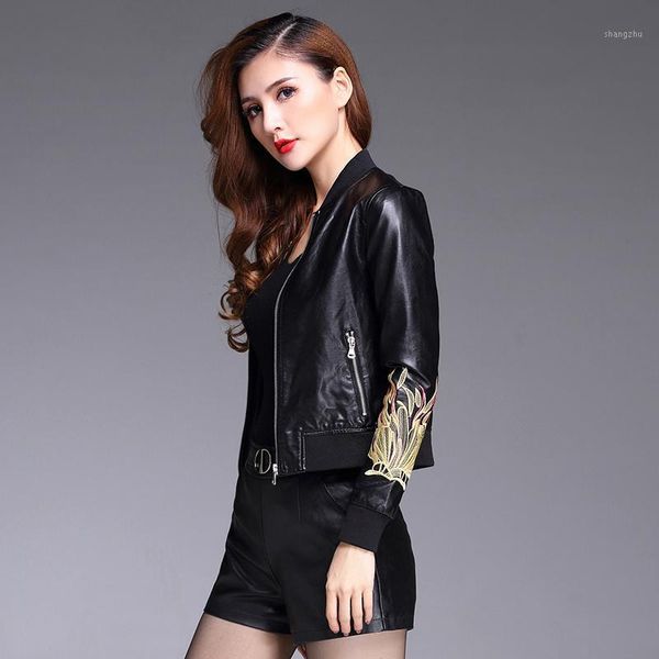 

2020 spring autumn genuine leather jacket women korean embroidery fashion fit shorts sheepskin leather jackets coat 11061, Black