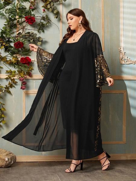 

plus paisley print bell sleeve belted kimono p3y8#, Black