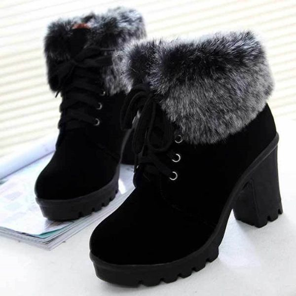 

ankle solid square heels woman lace-up snow ladies shoes warm plush women winter boots y200115, Black