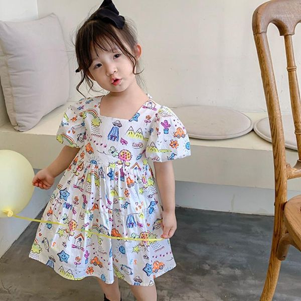 

princess dresses female children's clothing girls summer new dress puff sleeve sweet cartoon dress fashion color1, Red;yellow