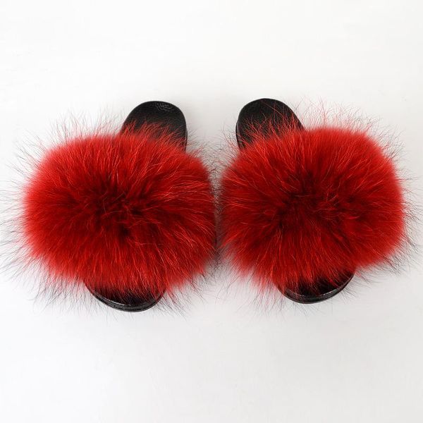 

slippers real raccoon fur slides for women big flat soles fluffy indoor outdoor flip flop sandals, Black